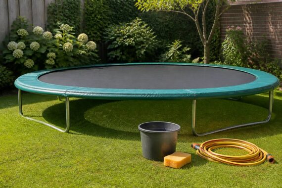 Schone trampoline in de tuin met emmer, spons en tuinslang