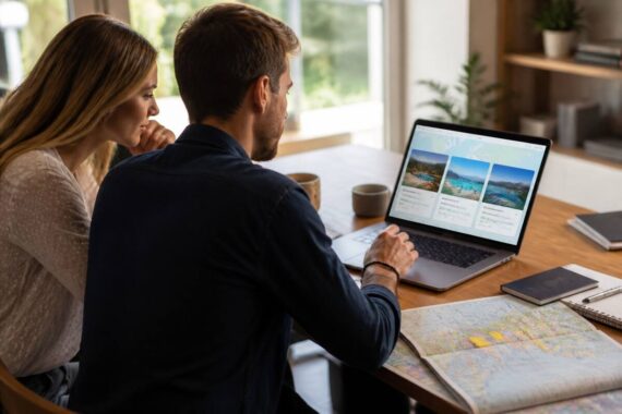 Reizen vergelijken aan tafel met laptop en reisroutekaart
