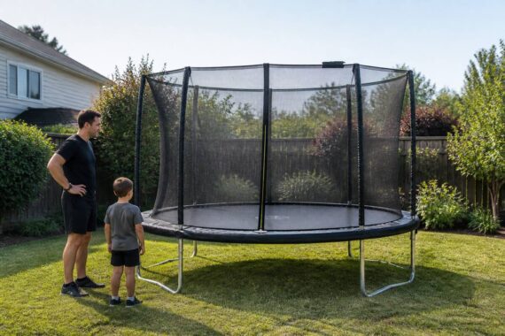 Trampoline in een tuin met vrije ruimte en veilig geplaatste opbouw, gefotografeerd op natuurlijk daglicht