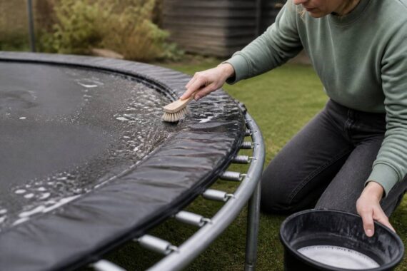 Schoonmaken van een trampoline met een zachte borstel, emmer en zicht op springmat, randkussen en frame