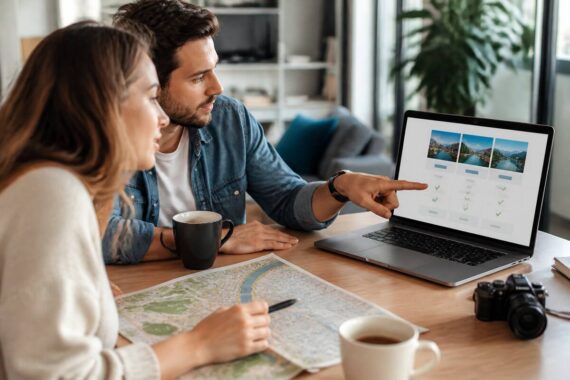 Koppel dat een vakantie vergelijkt vanaf een laptop met reisnotities op tafel, zonder tekst in beeld