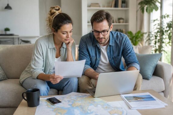 Stel dat vakantieopties vergelijkt op een laptop met reisnotities op tafel
